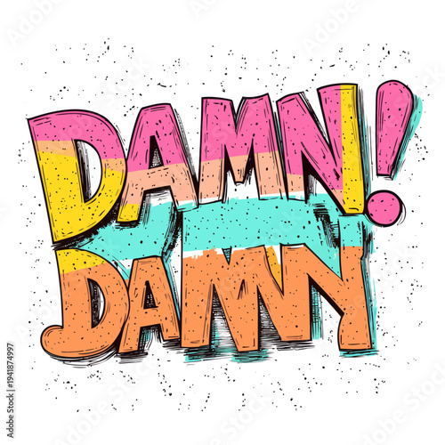 A damn pop art comic bubble modern icon is exemplified by a half-tone blue and purple cloud blast, which conveys a cartoon retro explosion of aggression, swearing, and negative feelings in an