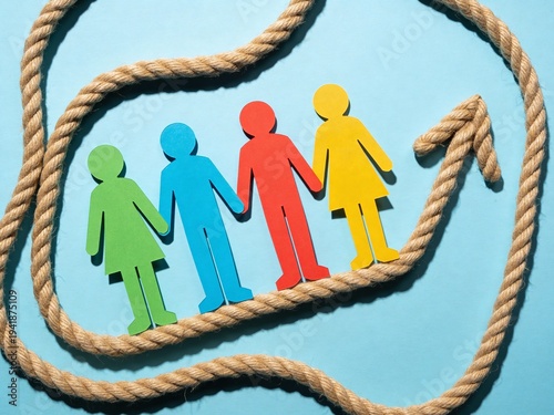 Teamwork Growth Concept with Colorful Paper People on Upward Arrow