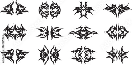 Cyber Sigil Neo Tribal Art Constructor Set. Y2K Aesthetic Symmetrical Gothic Tattoo Flash Elements Vector Illustration.