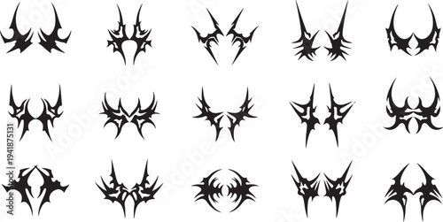 Cyber Sigil Neo Tribal Art Constructor Set. Y2K Aesthetic Symmetrical Gothic Tattoo Elements Vector Illustration