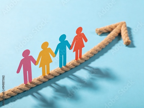 Teamwork Growth Concept with Colorful Paper People on Upward Arrow
