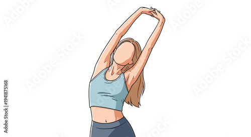A woman in a blue workout outfit stretching her arms up