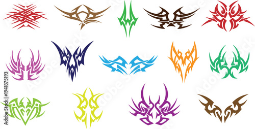 Set of Colorful Neo Tribal Tattoo Elements. Y2K Aesthetic Cyber Sigilism Symmetrical Shapes Vector Illustration.