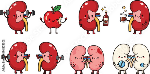 Playful Cartoon Kidney Characters Engaged in Fitness and Healthy Lifestyle Activities, Including Exercise, Eating, and Drinking