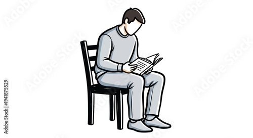 A man sits on a chair reading a book