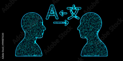 Artificial Intelligence Language Translation Concept with Human Silhouettes and Multilingual Symbols in Blue Digital Mesh Wireframe Style