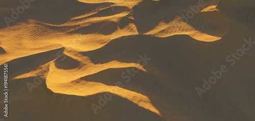 Konstfotografi Golden Sand Dunes At Sunset Aerial View With Dramatic Shadows And Textured Deser