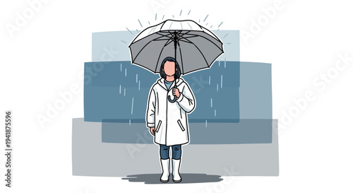 A cartoon woman stands under an umbrella on a rainy day