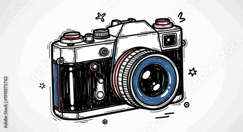 An illustration of a vintage camera with a blue lens