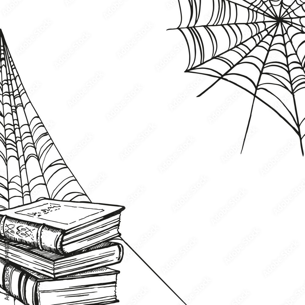 Naklejka premium monochrome vector mystic theme illustration, witchcraft antique books, folios, spider web, corner composition. frame, template, magic, black line art of wizard, hand drawn sketch of fairy tale