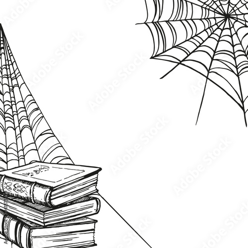 monochrome vector mystic theme illustration, witchcraft antique books, folios, spider web, corner composition. frame, template, magic, black line art of wizard, hand drawn sketch of fairy tale
