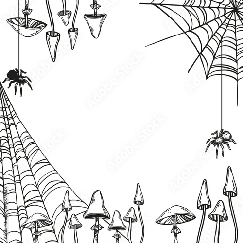 monochrome vector frame, template of toadstool, mushrooms, spider, forest plant, toxic autumn, witchcraft, black illustration of poisonous lamellar, hand drawn sketch of mystic potion, fairy tale