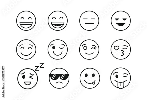 A collection of 12 different emoticon faces with various expressions