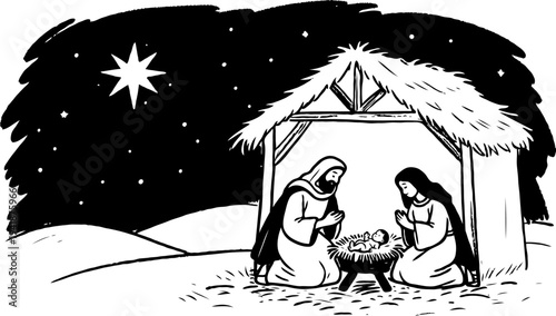 Mary and Joseph kneeling beside baby Jesus in a manger inside a stable at night, hand-drawn graphic style, with stars in sky, concept of nativity