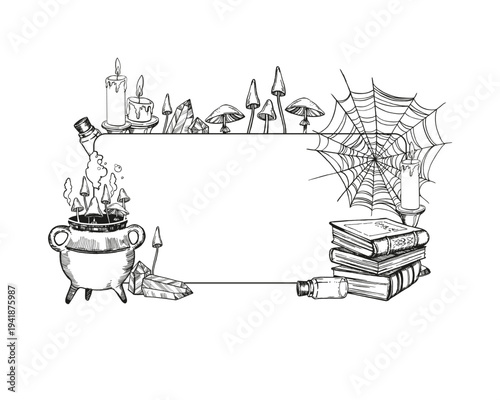 monochrome vector frame of fairy tale theme, witchcraft, magic equipment, old book, folios, pot of potion, poisonous mushrooms, spider web, burning candles, black line illustration, hand drawn sketch