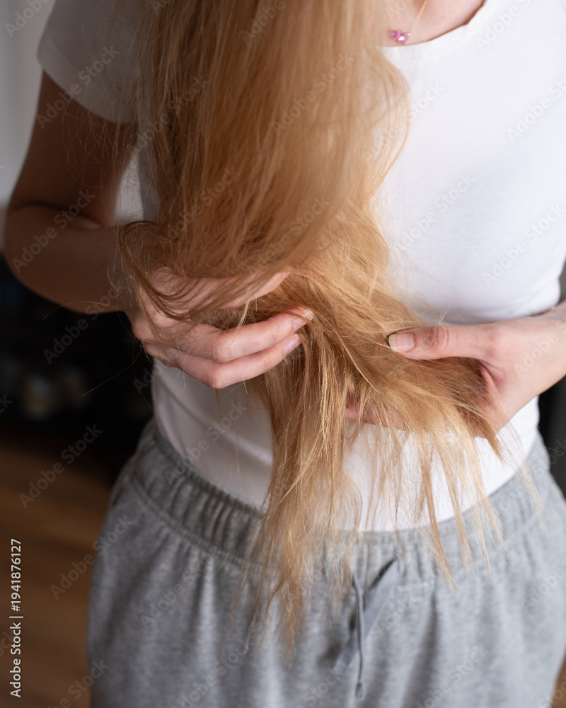 Fototapeta premium Close up image of a woman holding the ends of her long hair showing dryness and possible split ends. Concept of hair damage, hair care problems and unhealthy hair condition.
