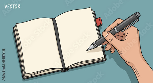A hand holding a pen writing in an open notebook
