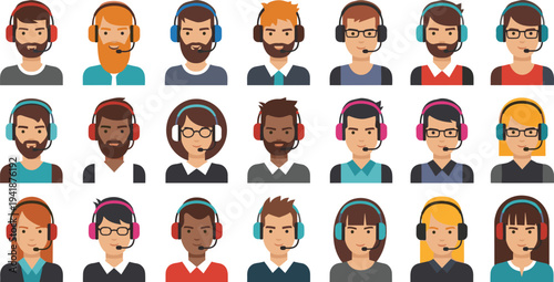 Customer Support Avatar Icon Set with Call Center Agents Wearing Headsets for Help Desk, Technical Support, Online Service and Communication Teams.
