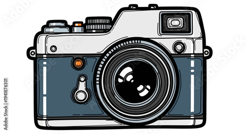 A cartoon illustration of a vintage camera on a white background