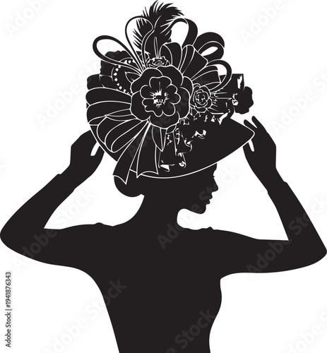 Woman wearing elaborate hat vector silhouette illustration, profile view, line art detail