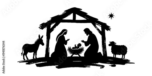 Silhouette of nativity scene with Mary, Joseph, baby Jesus, donkey, and sheep under stable on white background, symbolizing Christmas nativity