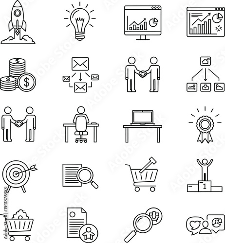 Business Startup Icons: Rocket Launch, Idea Bulb, Graphs, Handshake