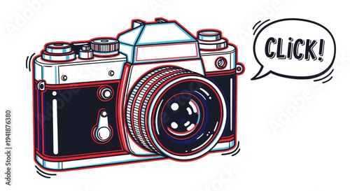 A colorful illustration of a camera with a speech bubble