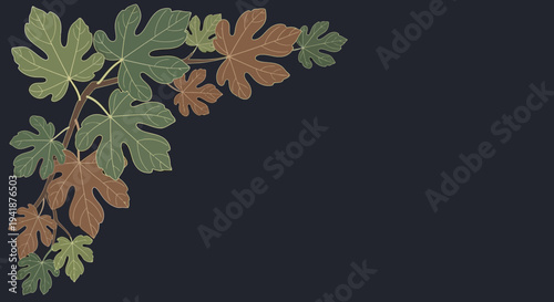 Autumnal Fig Leaves Corner on Dark Background