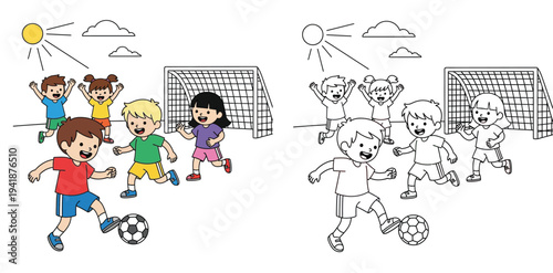 Cheerful Kids Playing Soccer: Young Children Enjoying a Game Outdoors
