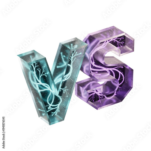 cyan and purple glowing neural glass versus 3d typography