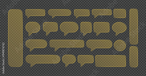 Premium Gold Yellow Transparent Speech Bubbles. 3D Glass morphism Chat Icons Set for Luxury UI UX Interface. Glossy Glowing Message Boxes for Digital Communication