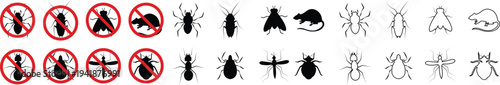 Pest control vector set collection group with insect rodent prohibition icons, bug mosquito rat cockroach symbol, no pest sign silhouette outline isolated design on transparent background.