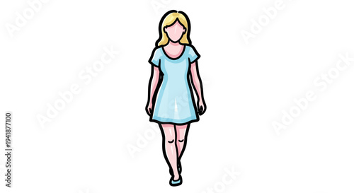 A cartoon woman walking in a blue dress with blonde hair