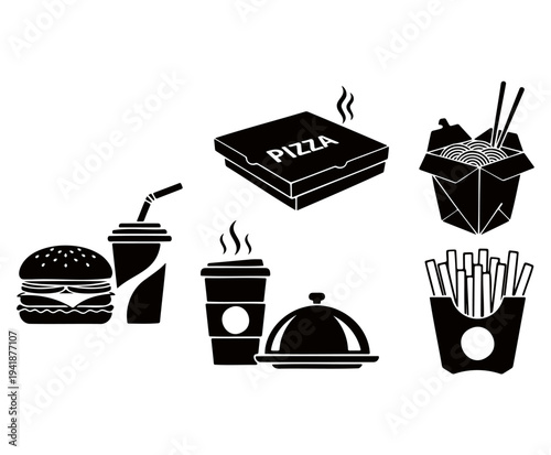 Set of fast food icons including a burger, drink, pizza, Chinese food, french fries, and a covered dish, perfect for menus or digital graphics