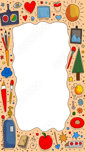 Creative school doodle frame with art supplies