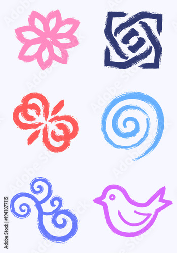 Artistic vector brushstroke illustrations in a pastel color theme, featuring hand-drawn floral, abstract, spiral, and bird shapes for creative designs