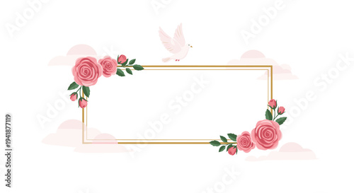 A small white dove perches atop a golden rectangular frame, which is beautifully decorated with pink roses and green leaves at all corners.