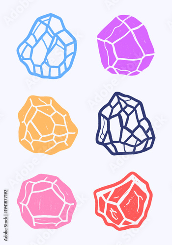 Vector illustration featuring a collection of abstract, hand-drawn shapes in a soft pastel color palette, resembling crystals and organic forms