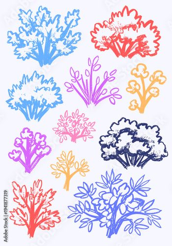 Collection of hand-drawn vector plant illustrations in a vibrant pastel color palette with a textured, crayon-like style, perfect for creative design projects