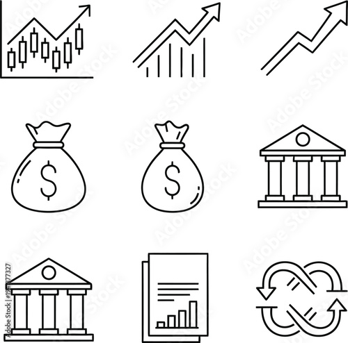 Finance Icons Set: Stock Market, Money Bag, Bank, Report, Cycle