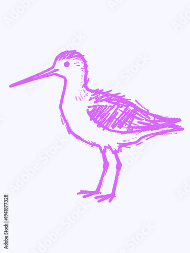 An adorable vector illustration of a charming bird with a long beak and legs, rendered in a delicate pastel purple color with a playful hand-drawn style