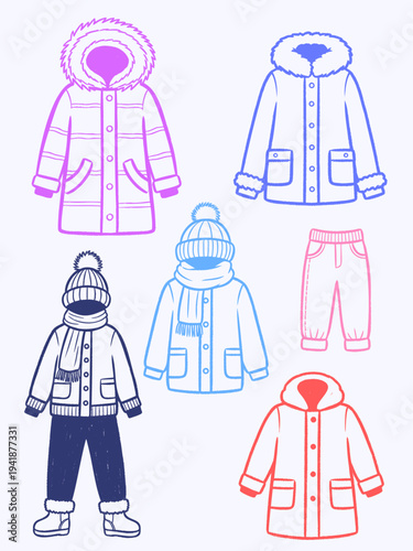 A cozy collection of hand-drawn winter clothing vector illustrations, showcasing jackets, hats, scarves, pants, and boots in a soft pastel color theme