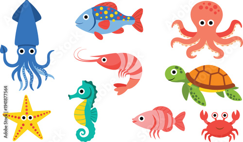 Cute Marine Sea Animals Vector Set Featuring Squid, Octopus, Fish, Shrimp, Turtle, Seahorse, Starfish and Crab Cartoon Characters for Kids Ocean Wildlife Illustration Design.