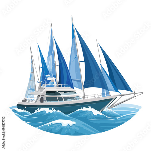 Sailboat on the water with blue sails and splashing waves