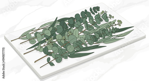 Fresh Eucalyptus Branches on White Tray: Aromatic Greenery for Decor & Wellness