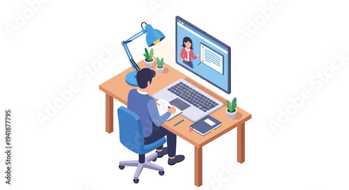Vector illustration of a man working on laptop with video call