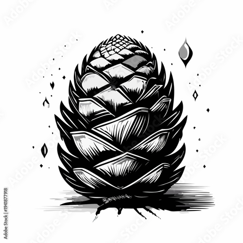 Hops cone illustration black and white.