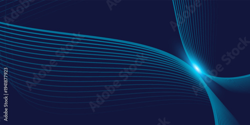 Abstract glowing wave lines on dark blue background with dynamic, flowing pattern. Ideal for futuristic technology designs and banners.