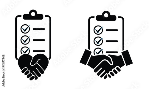 Contract or agreement icon. Agreement, pact, or partnership. Handshake with paper document. Vector illustration