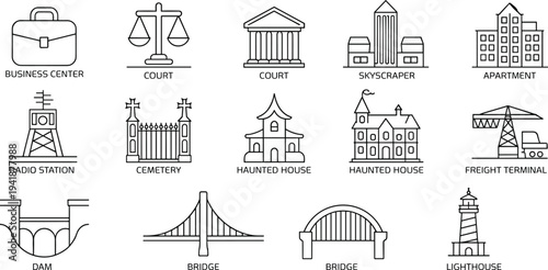 Set of black and white line representing various buildings and structures including business center, court, skyscraper, apartment, radio station, cemetery, haunted house, freight terminal